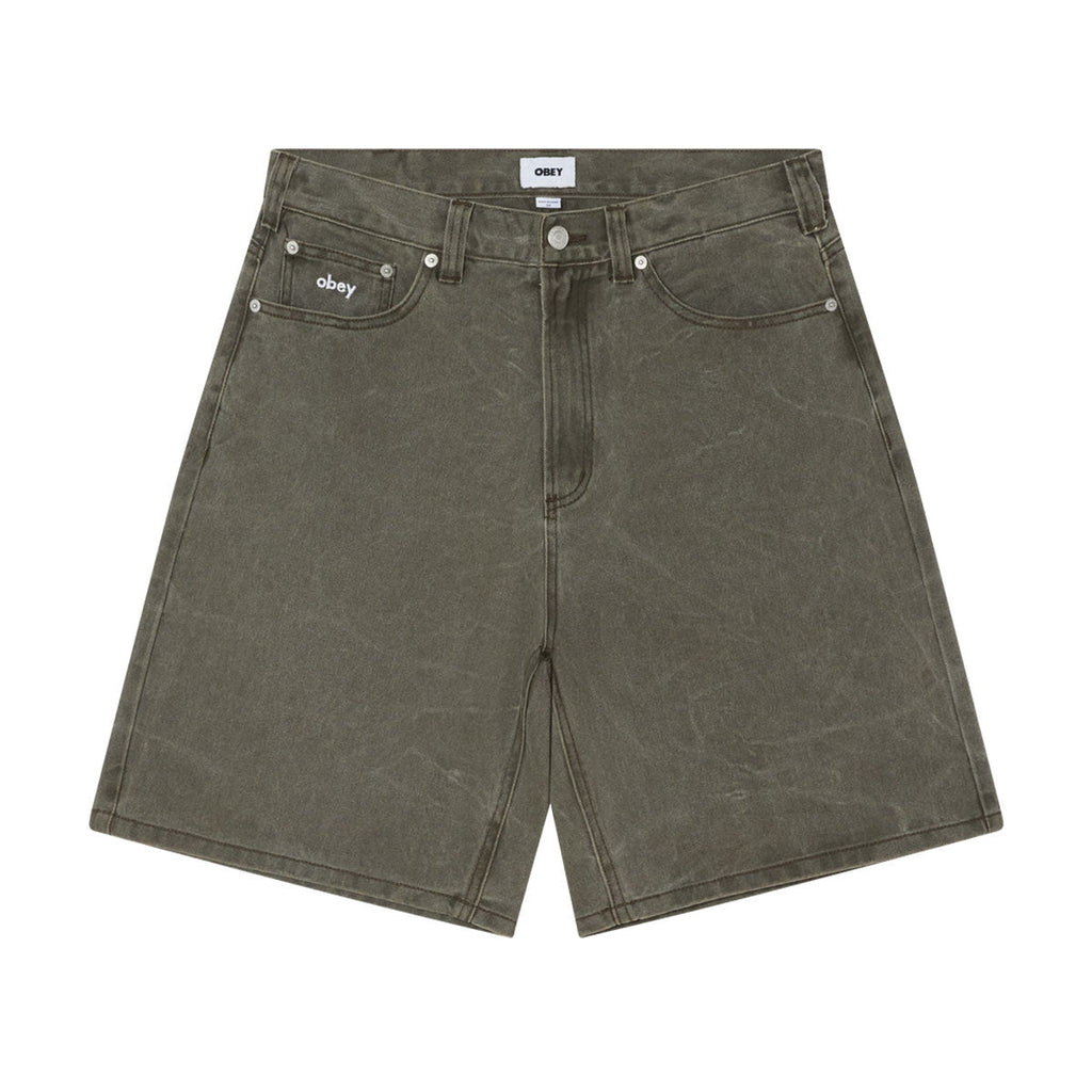 Obey Bigwig Baggy Denim Shorts - Black Olive Wrinkle Wash