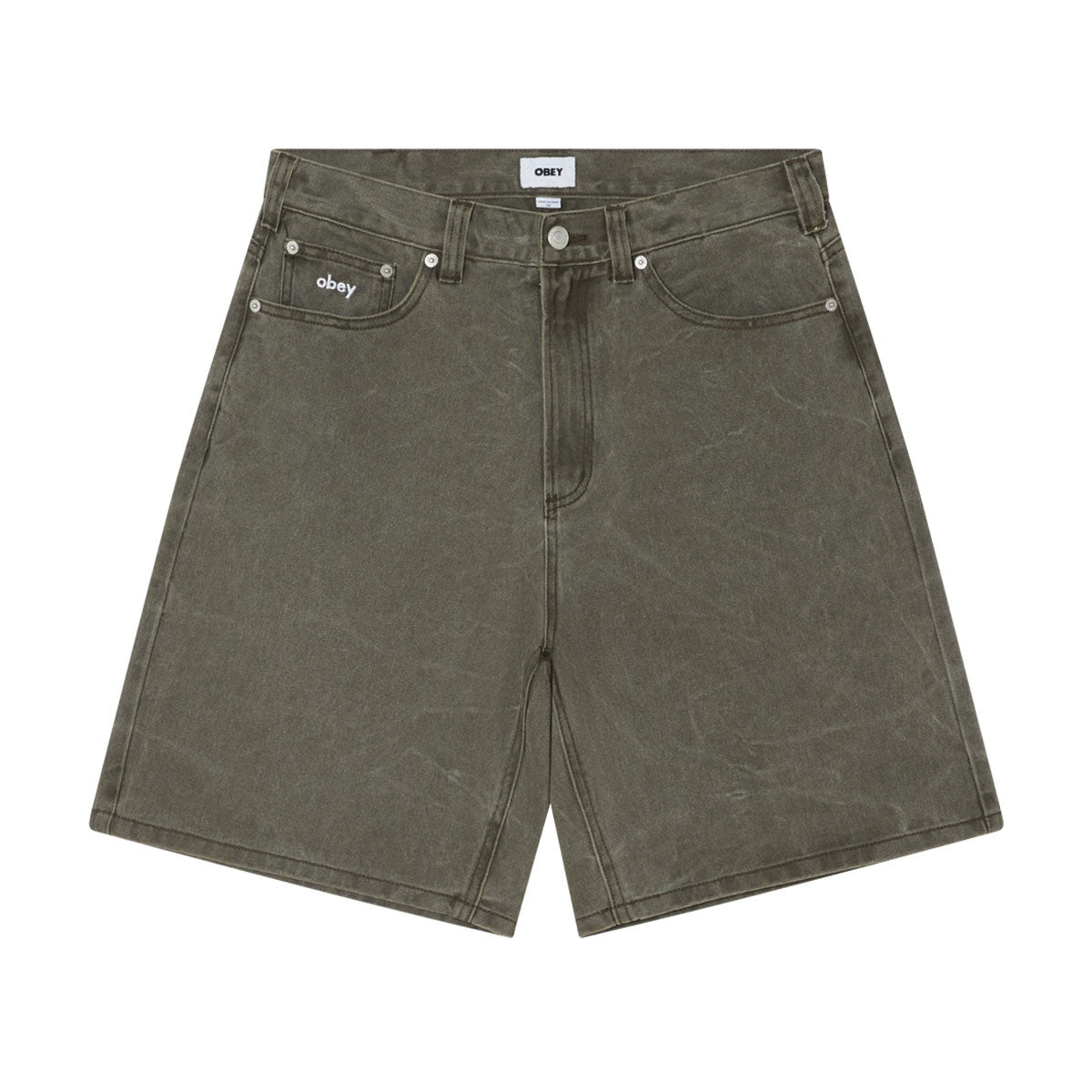 Obey Bigwig Baggy Denim Shorts - Black Olive Wrinkle Wash