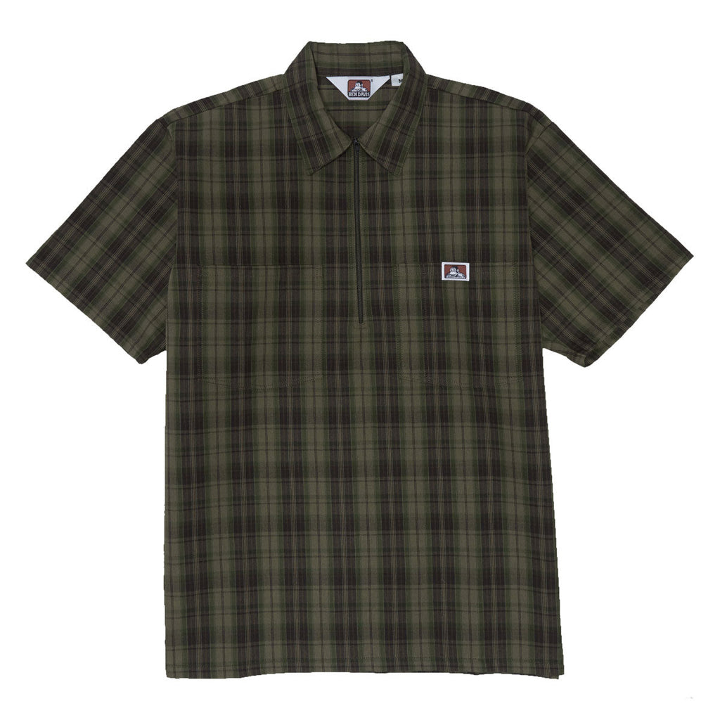 Ben Davis Short Sleeved Plaid 1/2 Zip Shirt - Olive